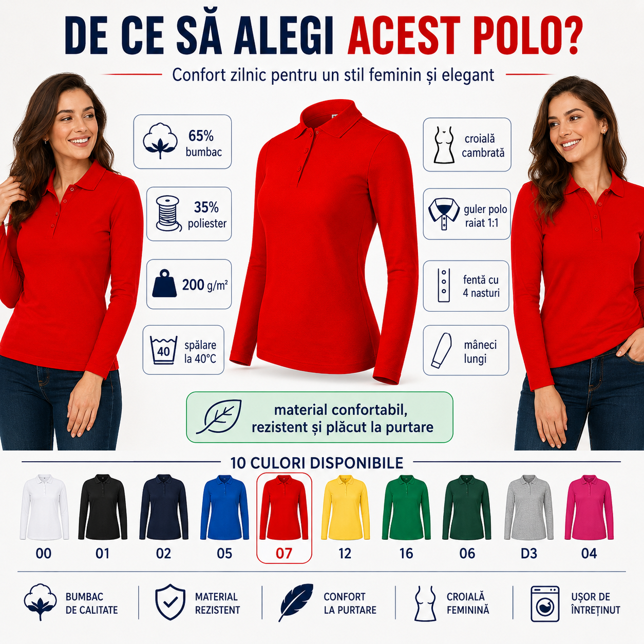 Bluză polo damă cu m&acirc;necă lungă Malfini disponibilă &icirc;n 10 culori